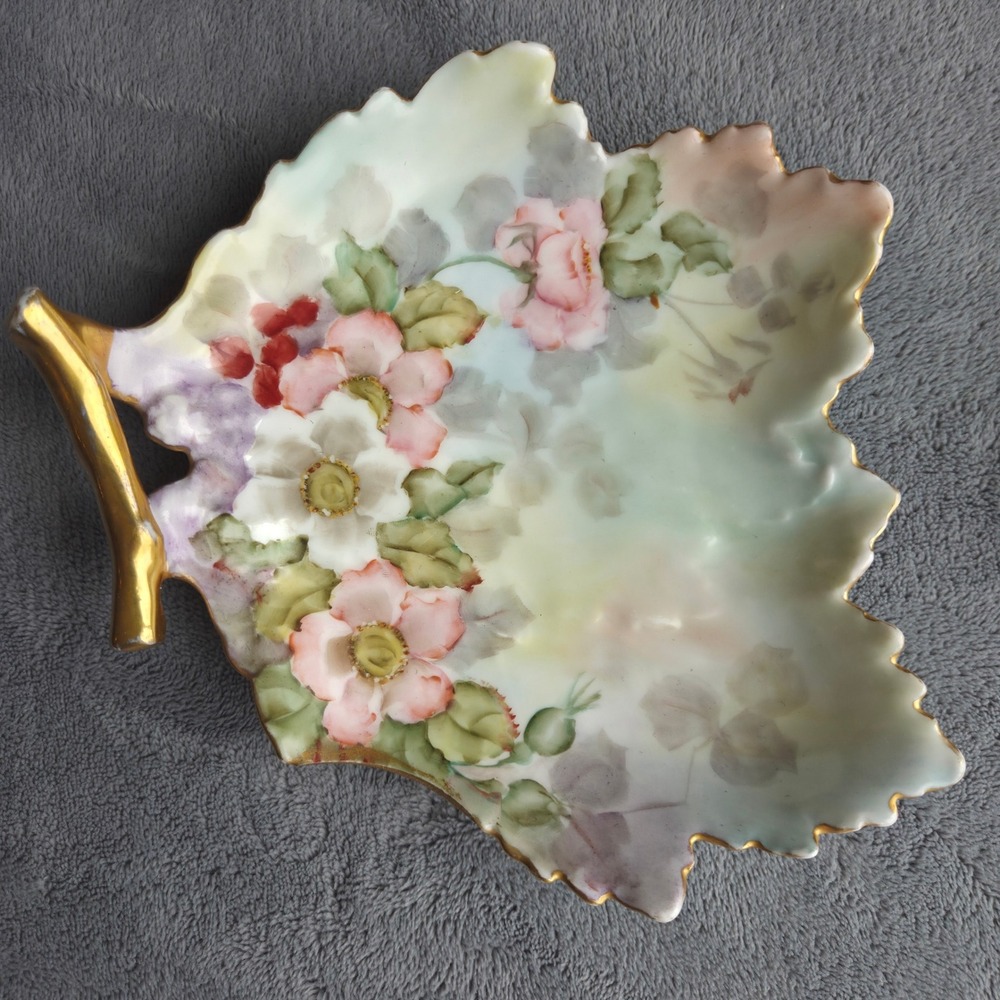 Antique Hand Painted Porcelain Leaf Dish Wild Roses Signed L.M. Nichol Gold Gilt
